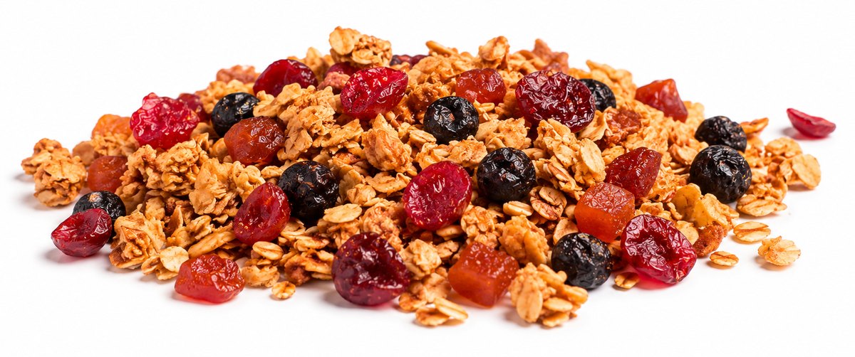 Infused cranberries, cherries, blueberries and apricot pieces through granola