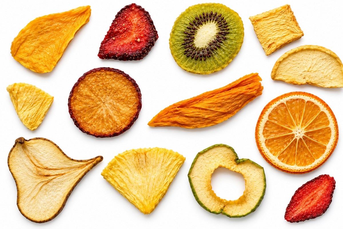 Natural dried fruit slices including orange, apple, kiwi and persimmon