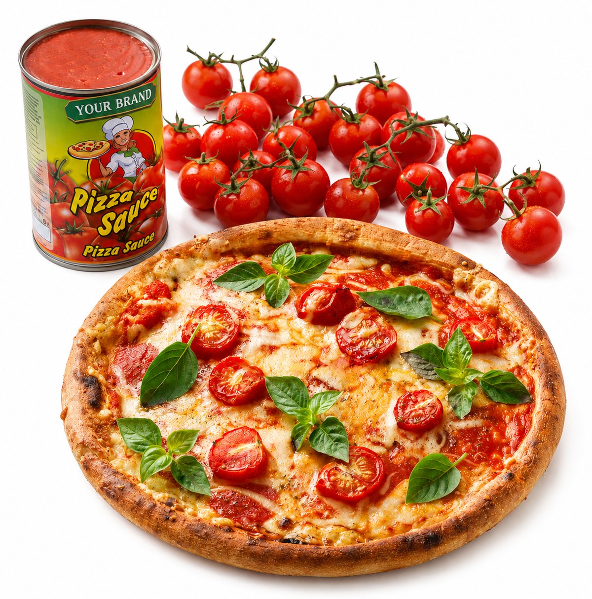 An own-label pizza sauce tin beside a finished margherita and vine tomatoes